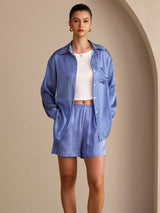 [Blå Nålestribet] SilkSilky-DK Long Sleeve Lapel Collar Women's Outfit Sets 004