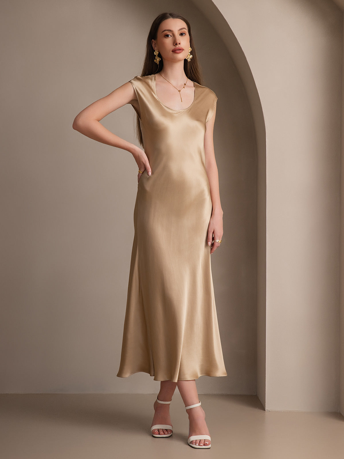 [Champagne] SilkSilky-DK 19Momme Silke Dress 001