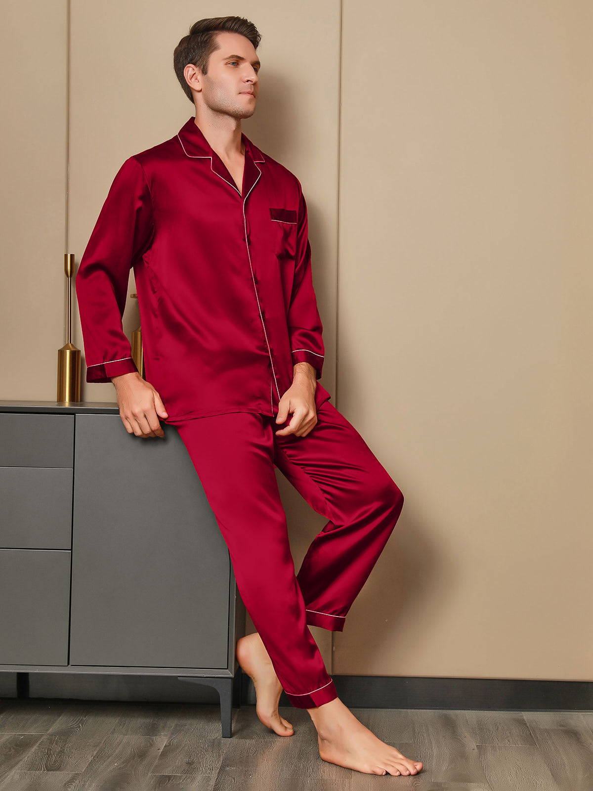 [Rød] SilkSilky-DK 19Momme Mens Pajamas 001