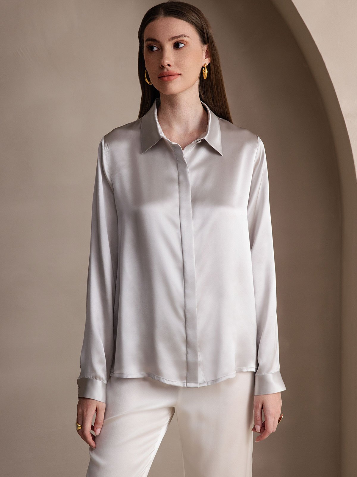 [Lysegrå] SilkSilky-DK 19Momme Silke Womens Shirt 005