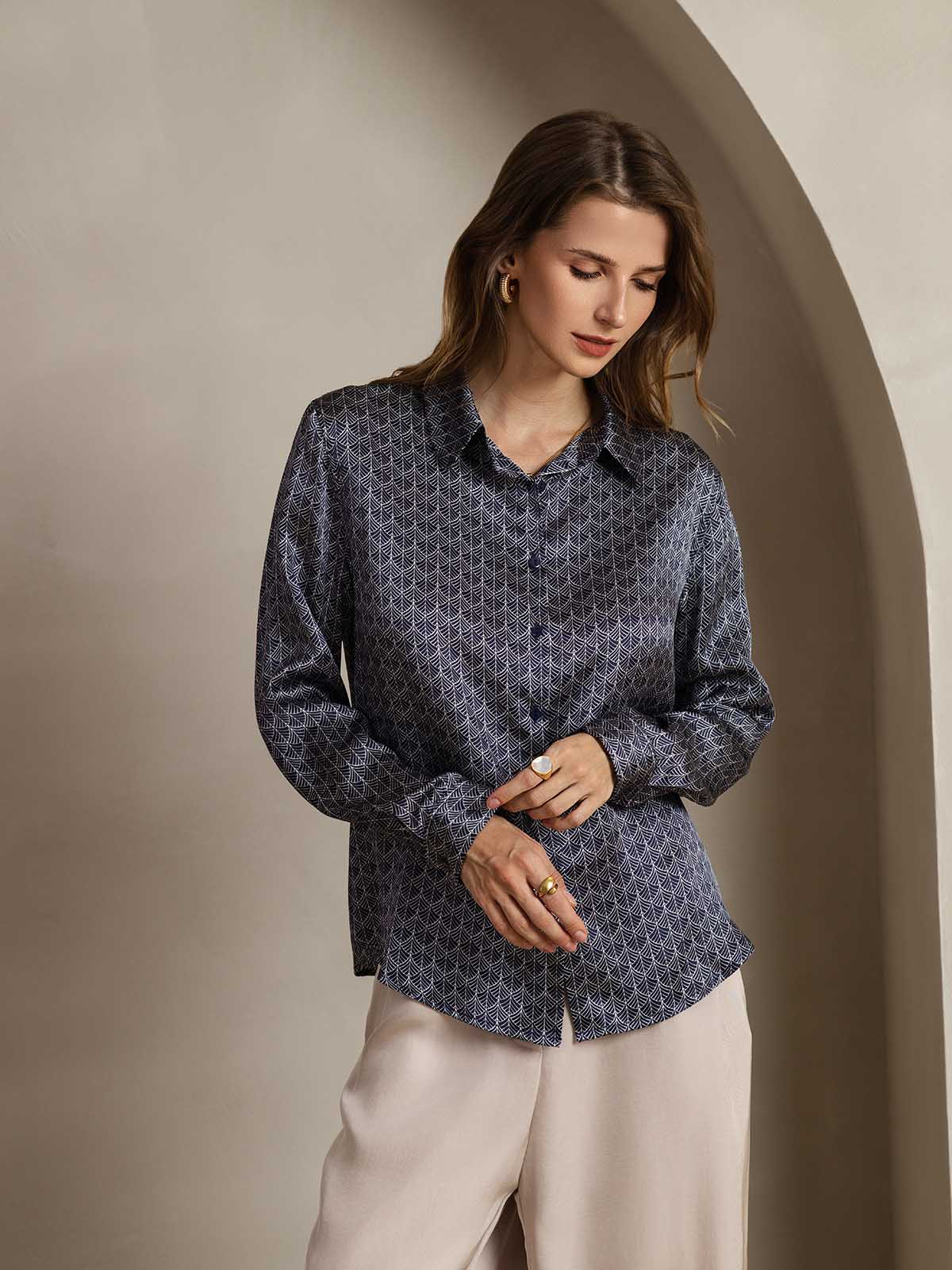 [Marine Ginkgo] SilkSilky-DK Silke Lapel Collar Dameskjorte 005