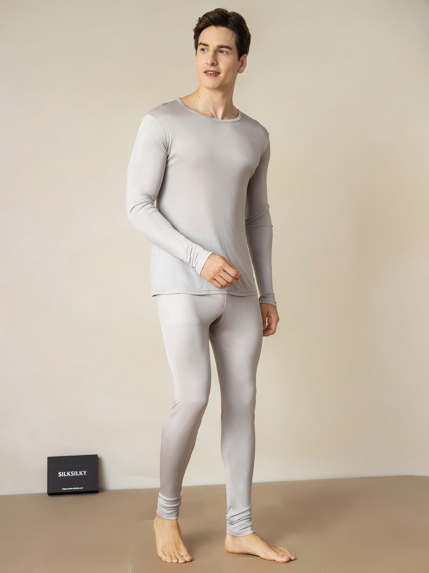 [Sølv] SilkSilky-DK Langærmet Rund Hals Herre Lange Underbukser 001