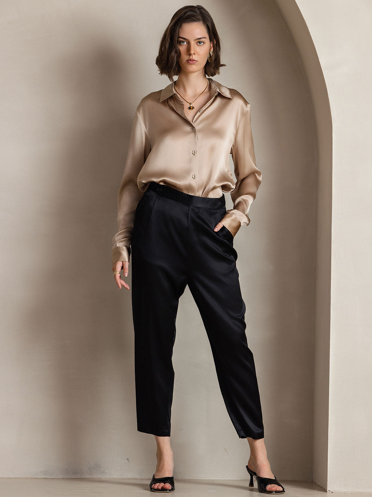 [Champagne] SilkSilky-DK Silke Long Sleeve Collar Dameskjorte 003