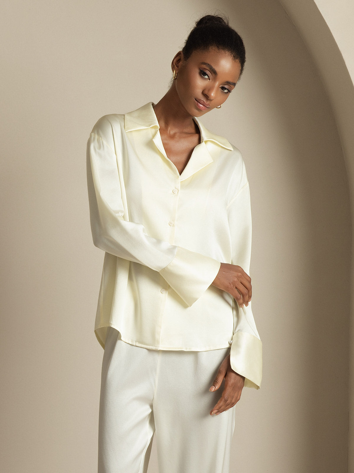 [Elfenben] SilkSilky-DK 19Momme Silke Womens Shirt 006