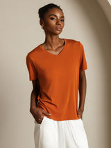 [Orange] SilkSilky-DK Short Sleeve V Neck T-shirt til kvinder 006