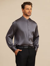 [Mørkegrå] SilkSilky-DK Long Sleeve Stand Collar Herreskjorte 005