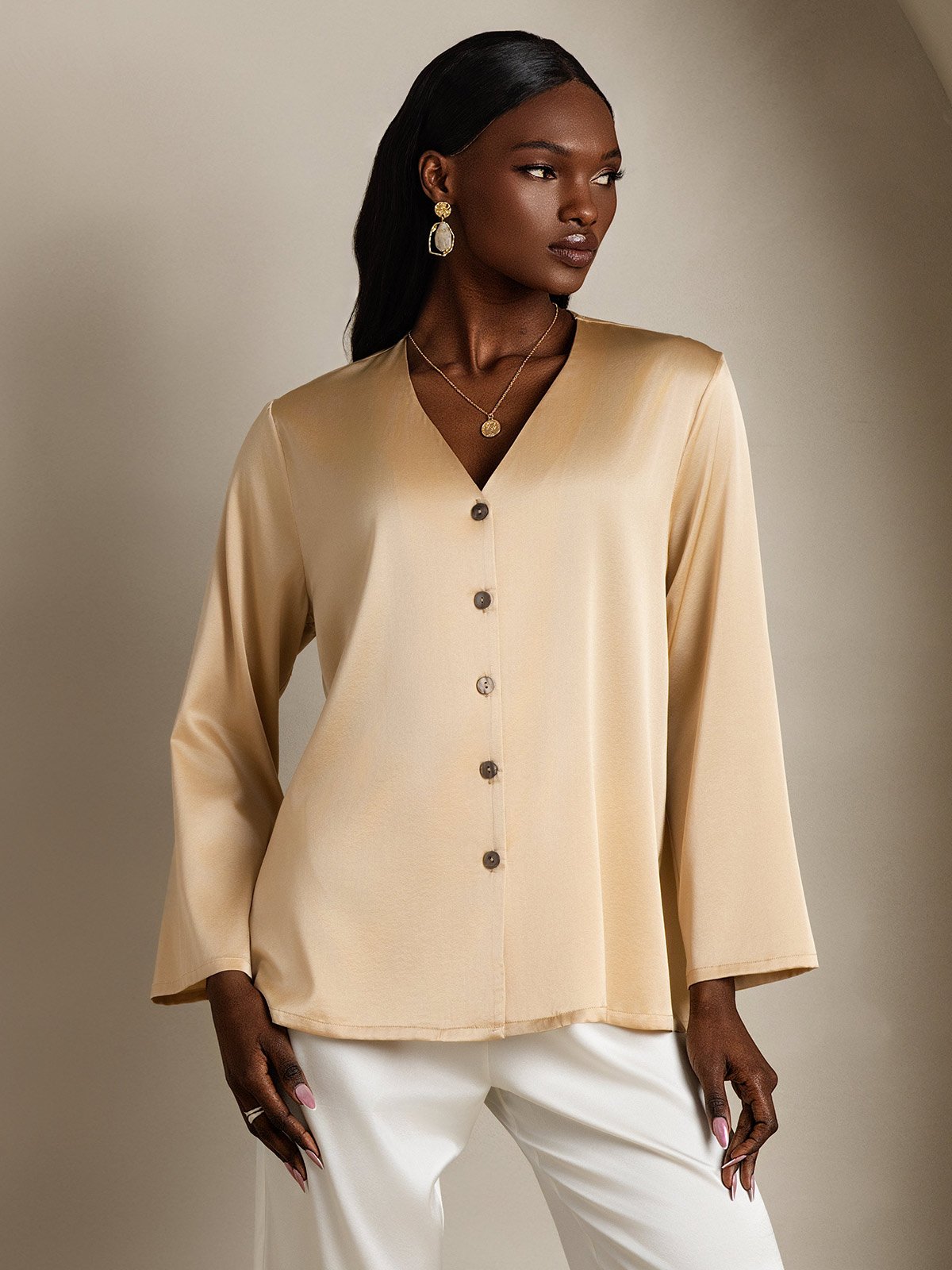 [Champagne] SilkSilky-DK 19Momme Silke Womens Shirt 001