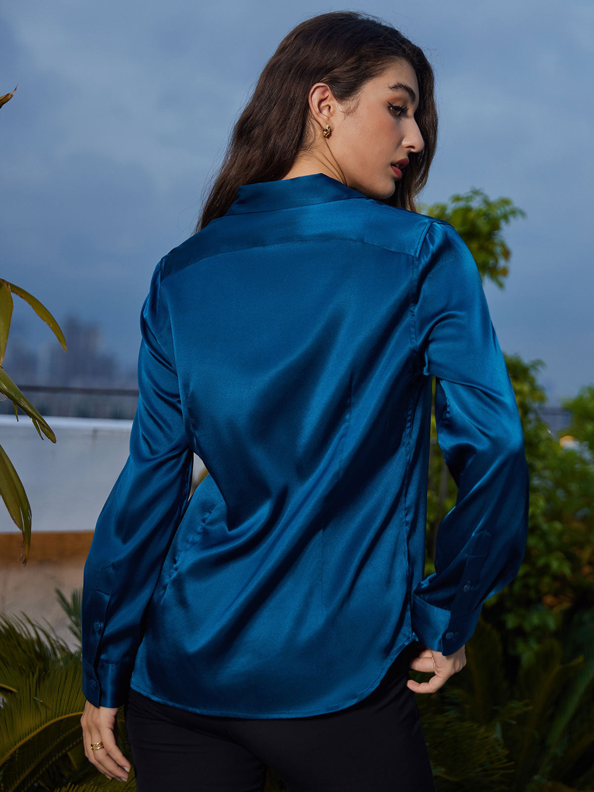 [Blågrøn] SilkSilky-DK Silke Long Sleeve Collar Dameskjorte 002