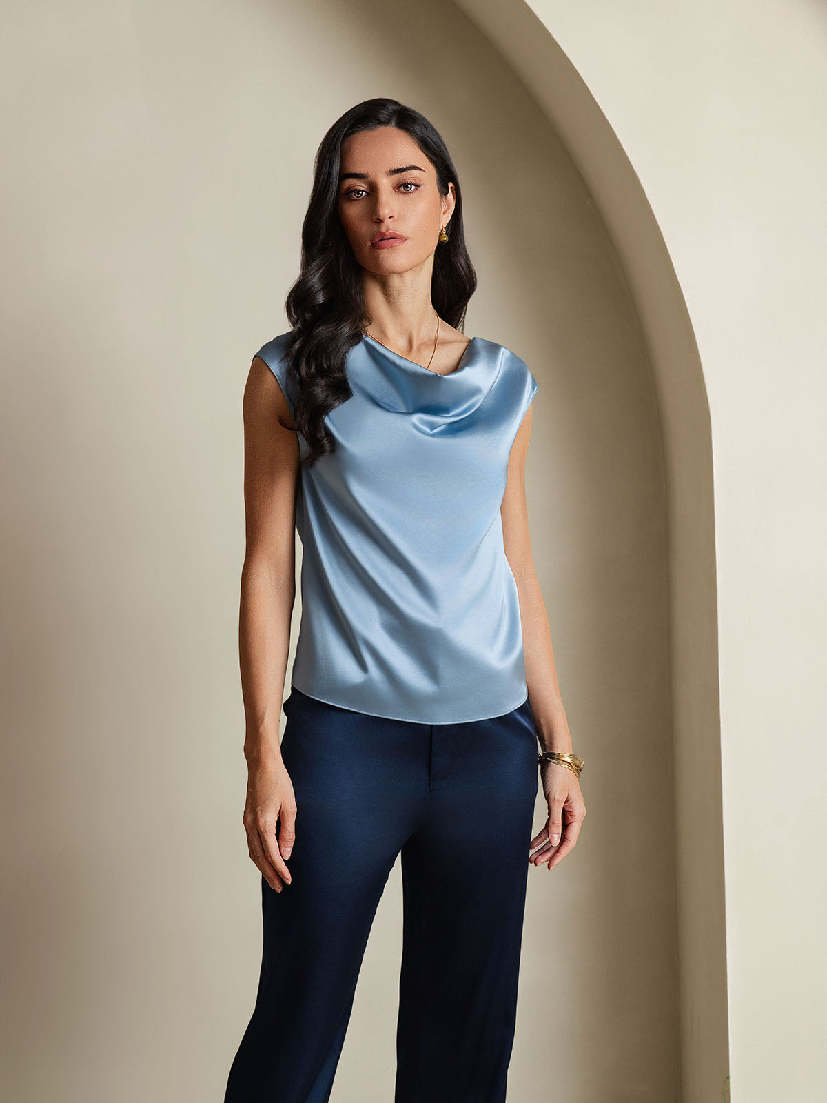 [Gråblå] SilkSilky-DK 19Momme Silke Womens T-Shirt 001