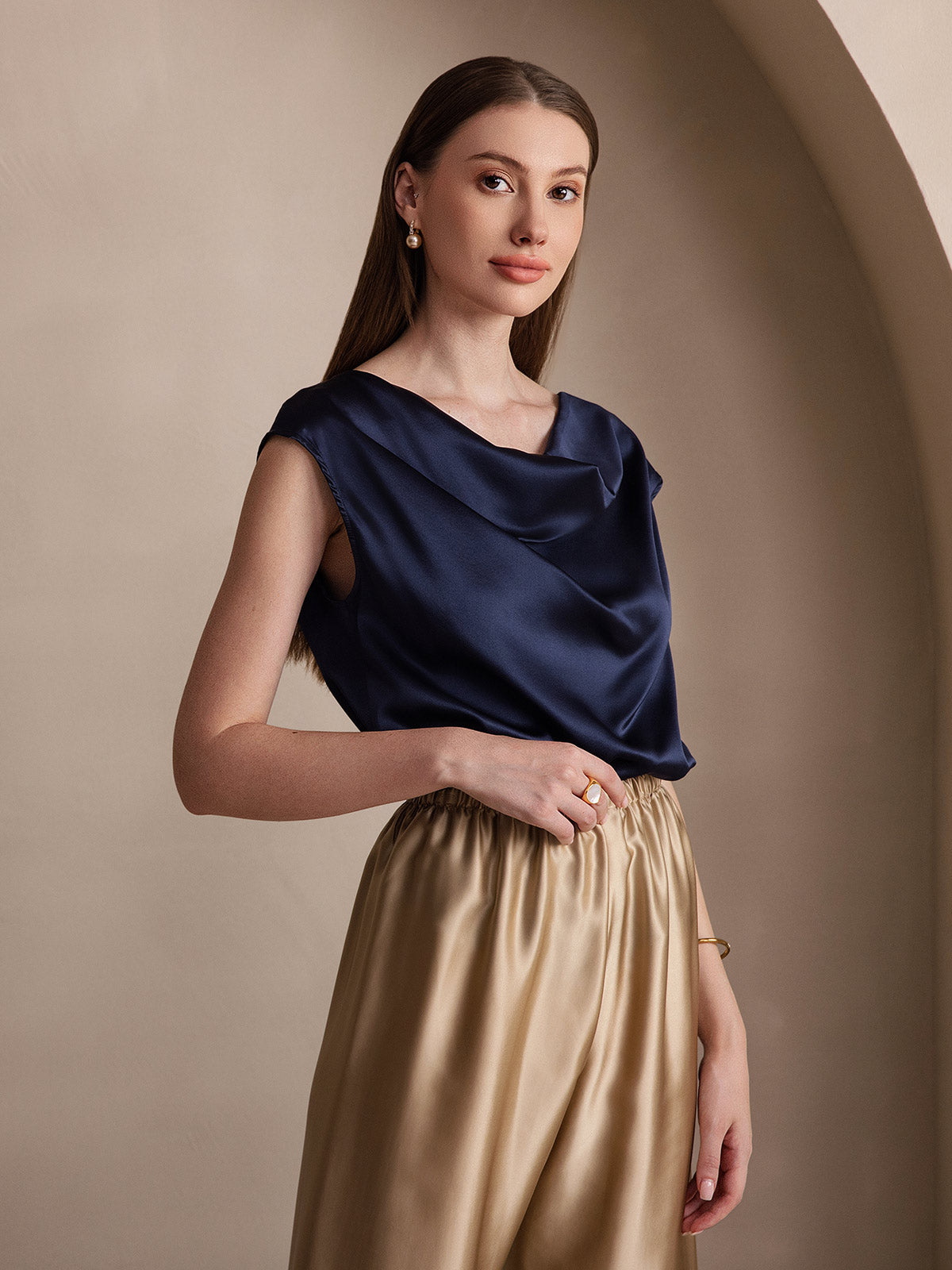 [Mørkeblå] SilkSilky-DK 19Momme Silke Womens T-Shirt 005
