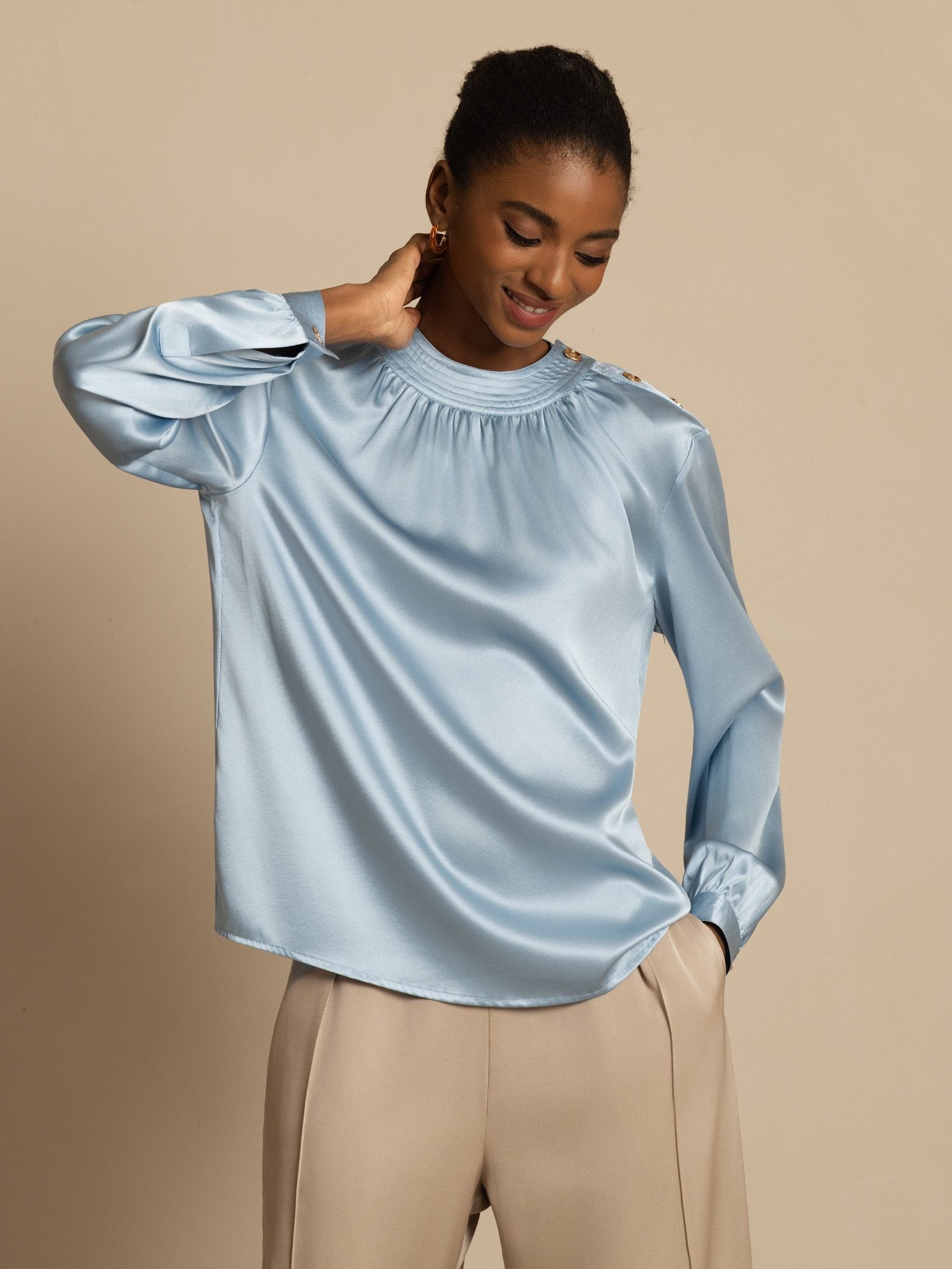 [Gråblå] SilkSilky-DK 19Momme Langærmet Rund Hals Bluse 001