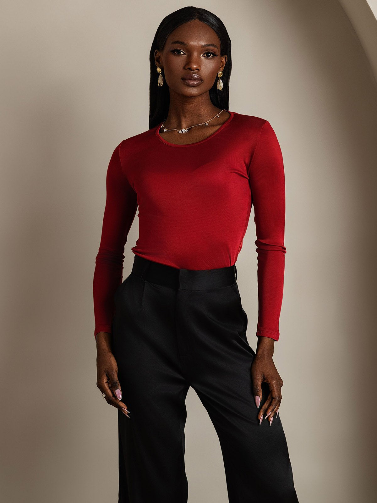 [Vin] SilkSilky-DK Silke Long Sleeve Round Neck T-shirt til kvinder 003