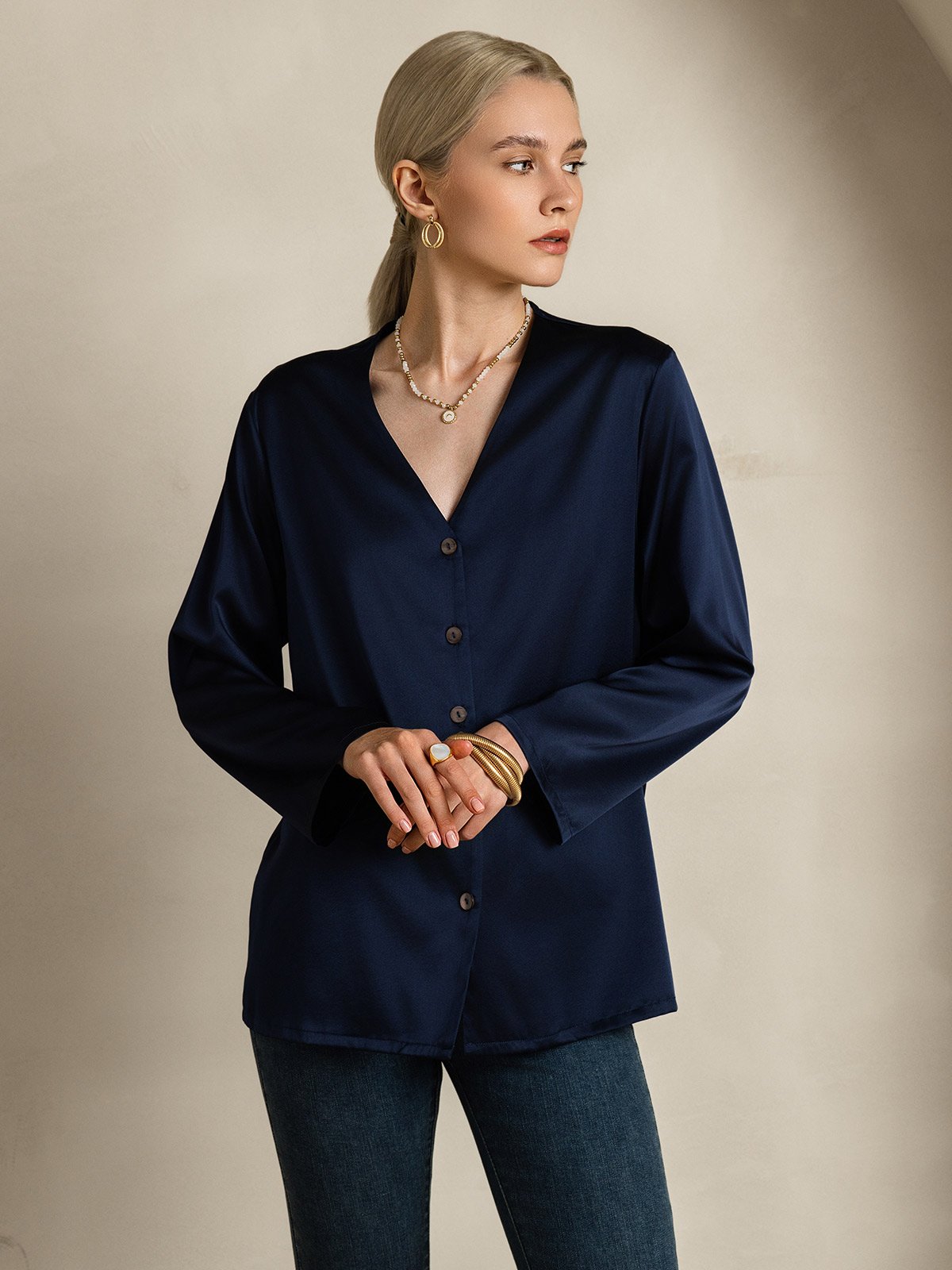 [Mørkeblå] SilkSilky-DK 19Momme Silke Womens Shirt 005
