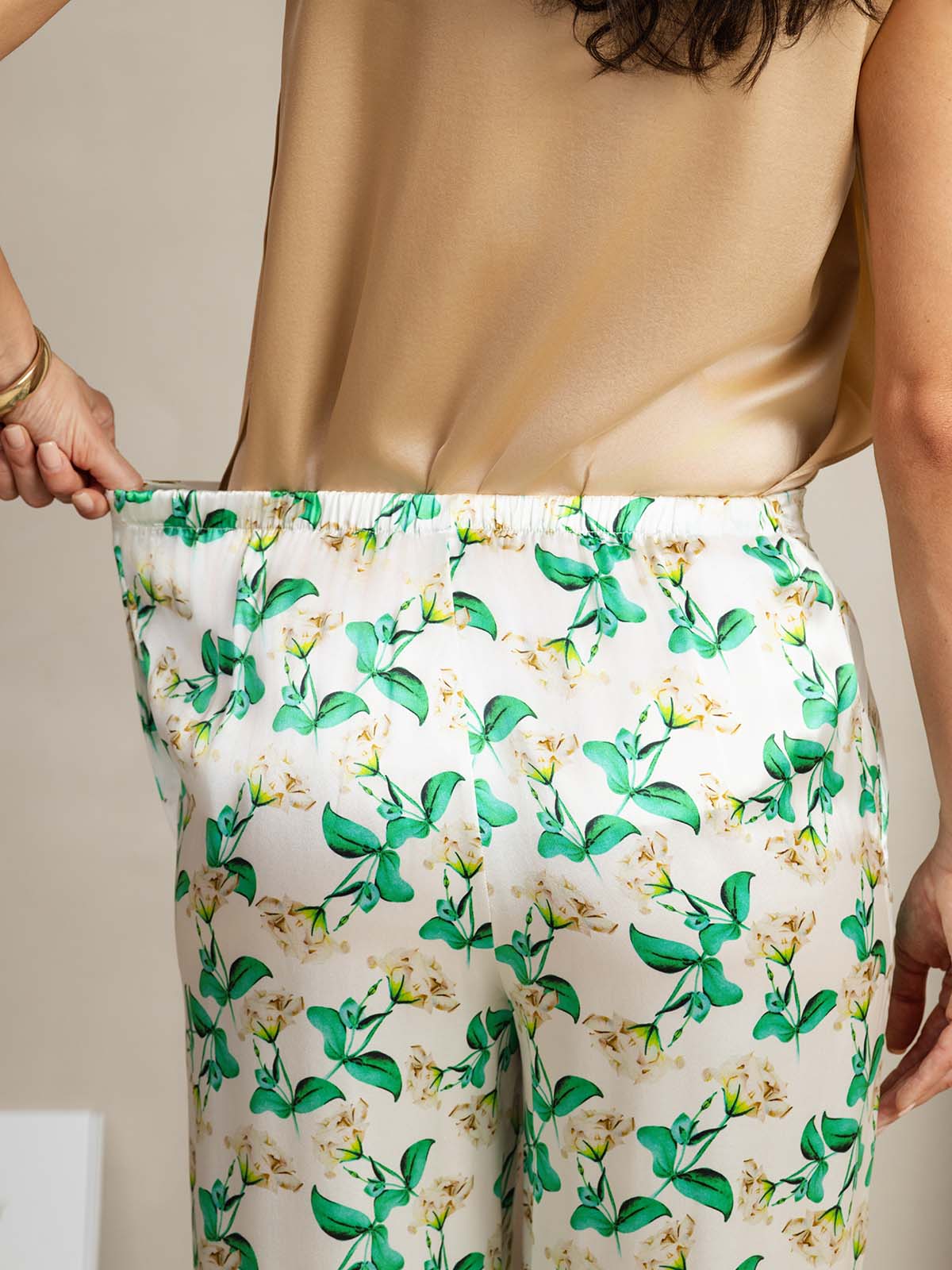 [Grøn Blomster] SilkSilky-DK 19Momme Silke Womens Pants 005