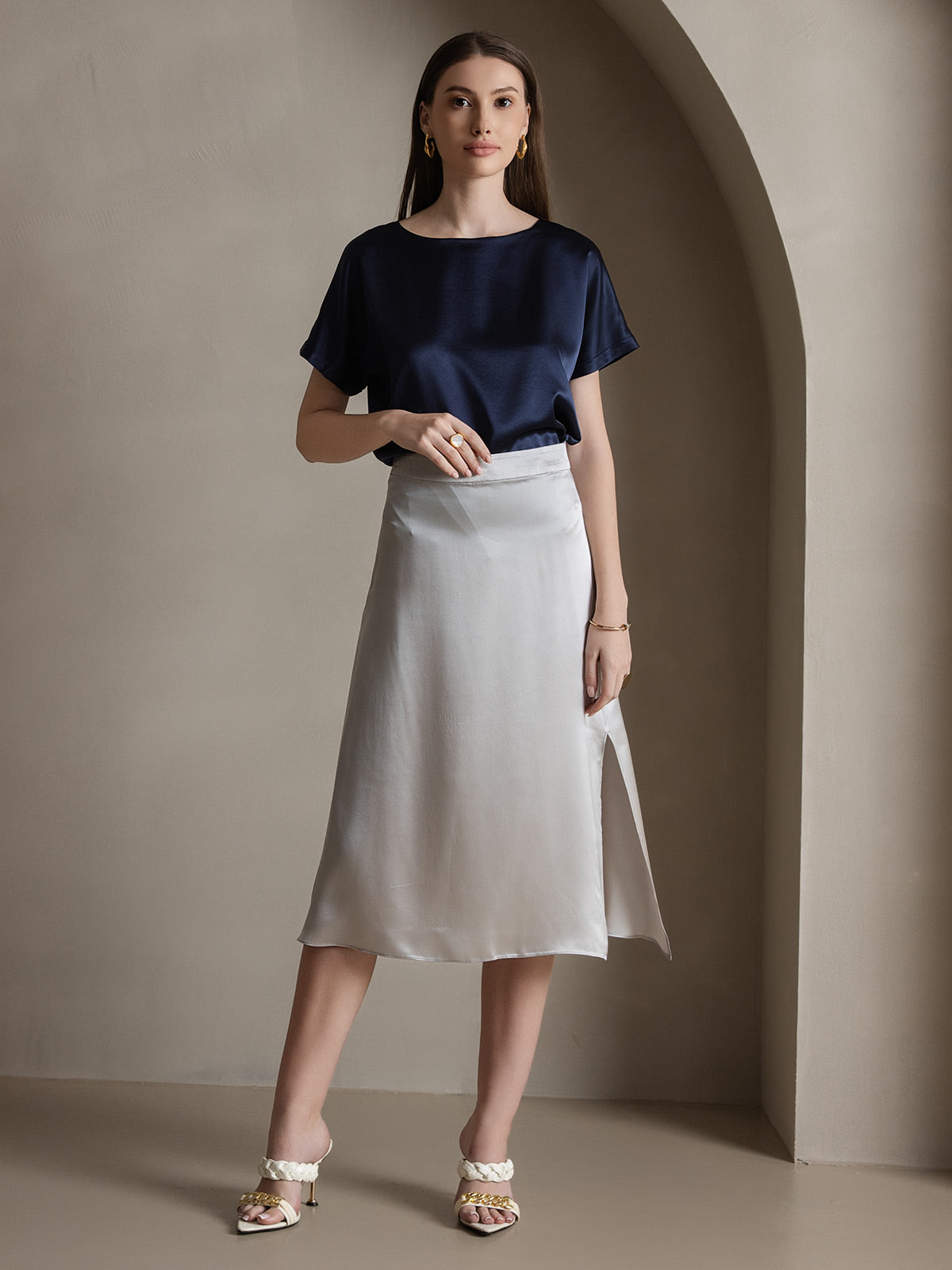[Lysegrå] SilkSilky-DK 19Momme Silke Skirt 002