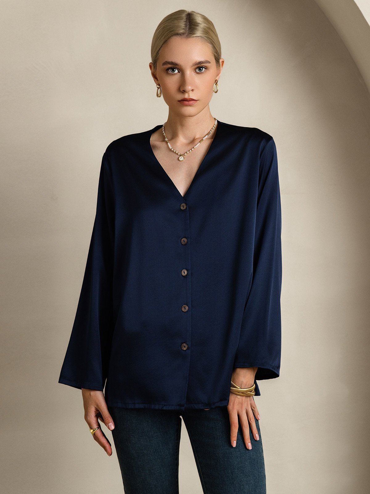 [Mørkeblå] SilkSilky-DK 19Momme Silke Womens Shirt 003