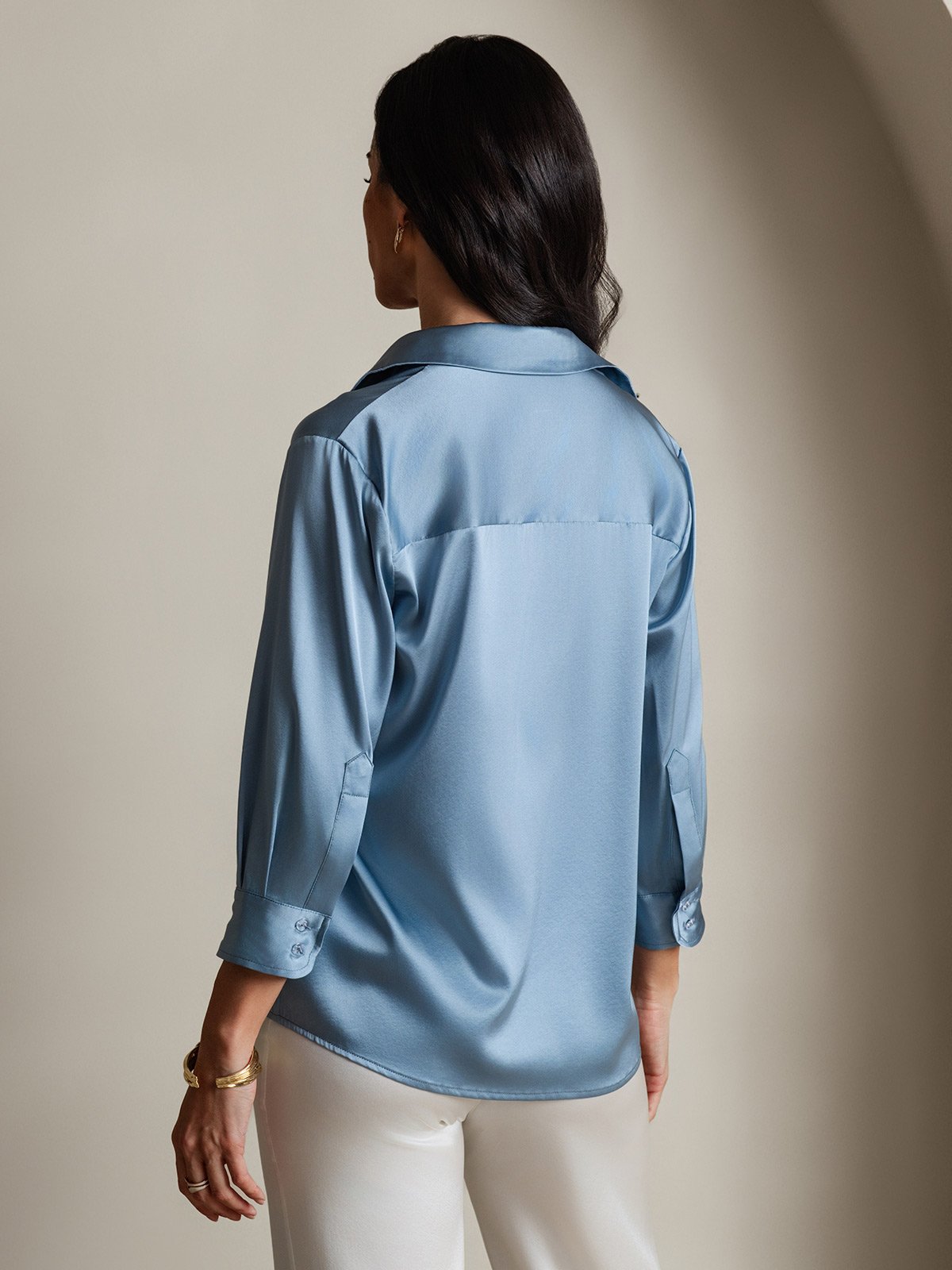 [Gråblå] SilkSilky-DK 3/4 Sleeve Lapel Collar Dameskjorte 002