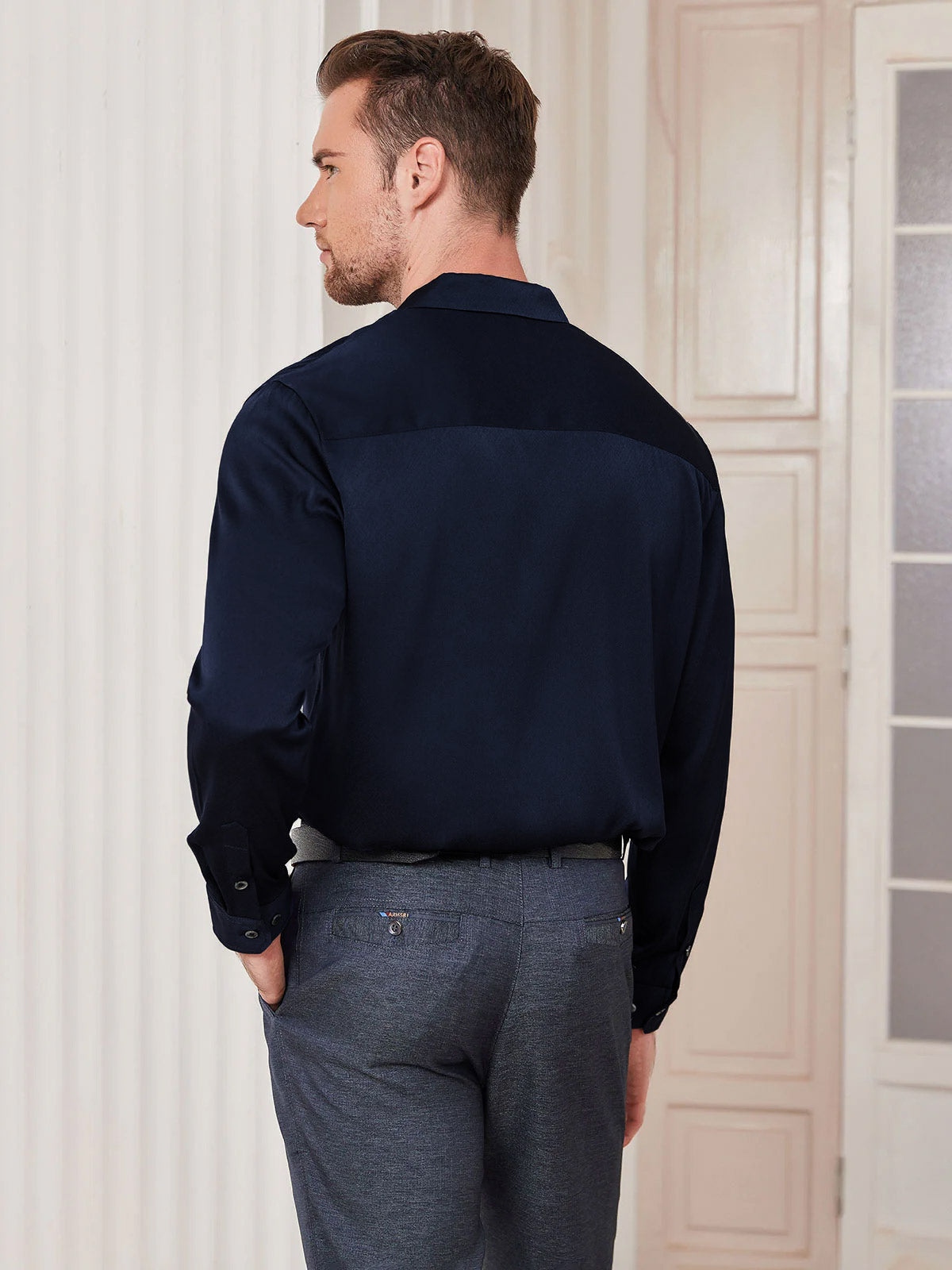 [Mørkeblå] SilkSilky-DK Silke Mens Shirt 004