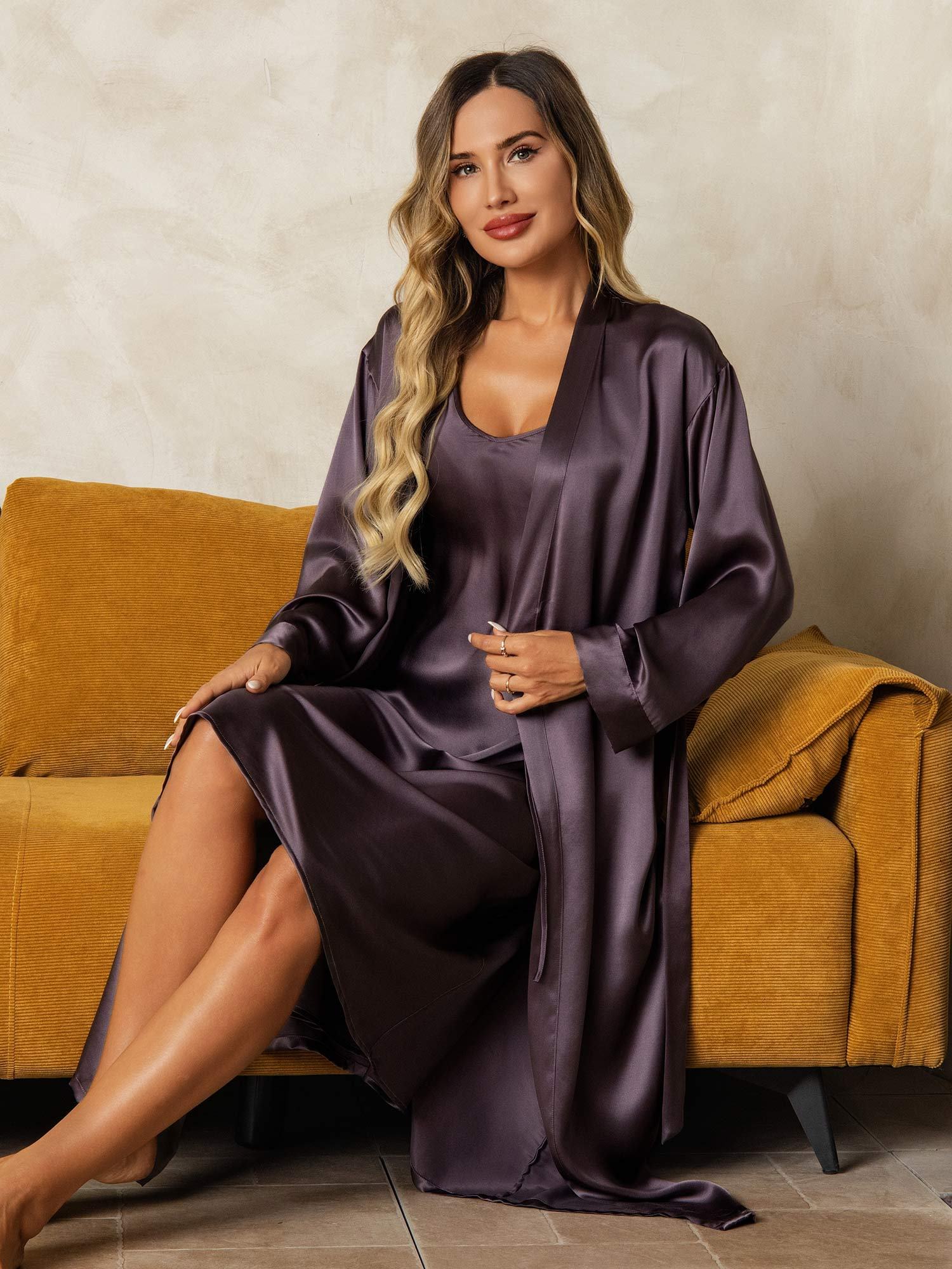 [LillaGrå] SilkSilky-DK Silke Wrap Natkjole & Morgenkåbe Sæt 008