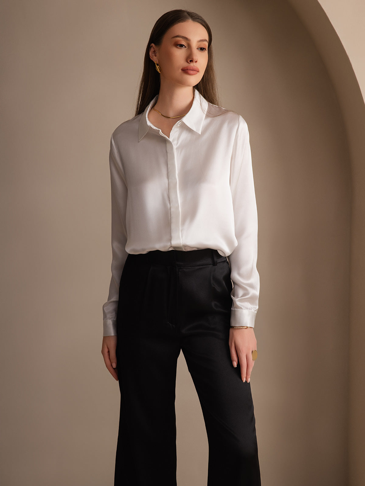 [Hvid] SilkSilky-DK 19Momme Silke Womens Shirt 007