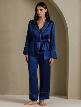 [Mørkeblå] SilkSilky-DK Long Sleeve Shawl Collar Dame Pyjamas 005