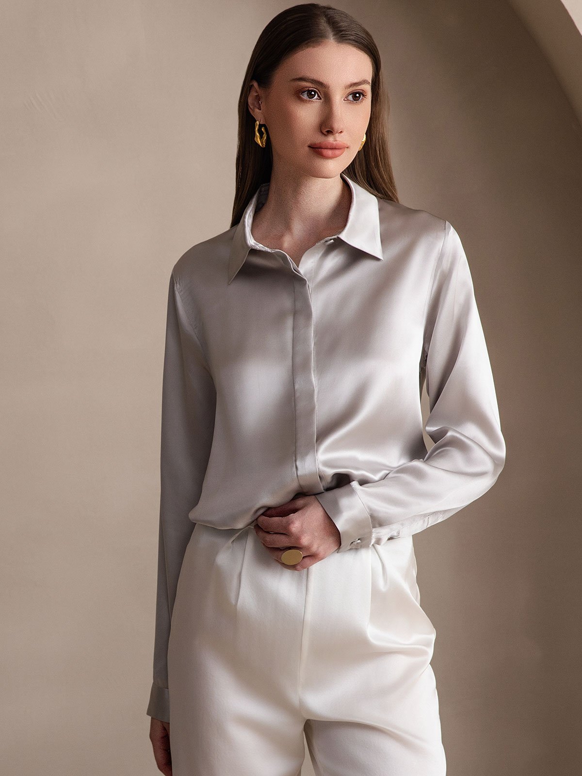 [Lysegrå] SilkSilky-DK Long Sleeve Lapel Collar Dameskjorte 001