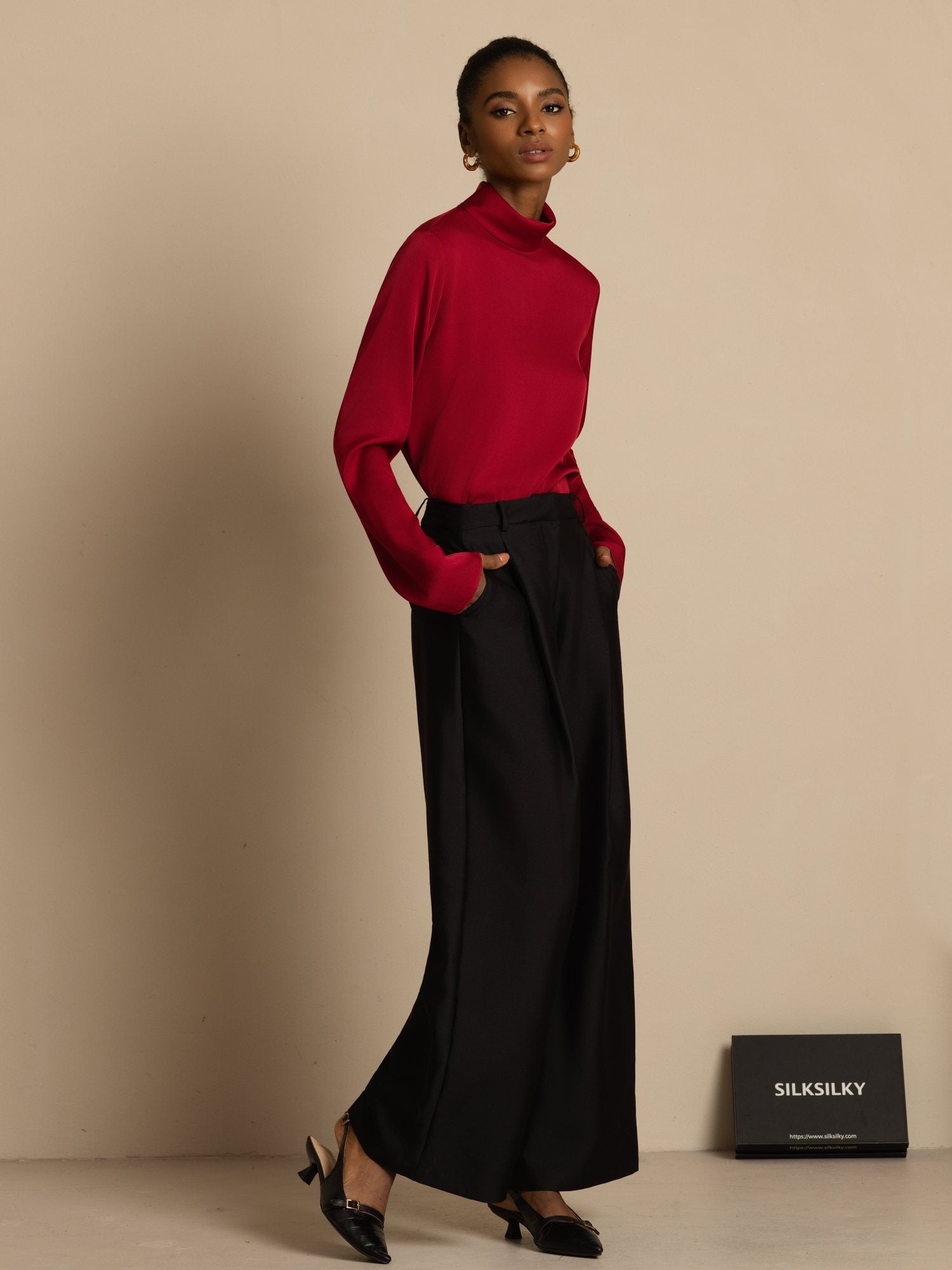 [Vin] SilkSilky-DK 19Momme Silke Langærmet Rullekrave T-shirt til kvinder 006