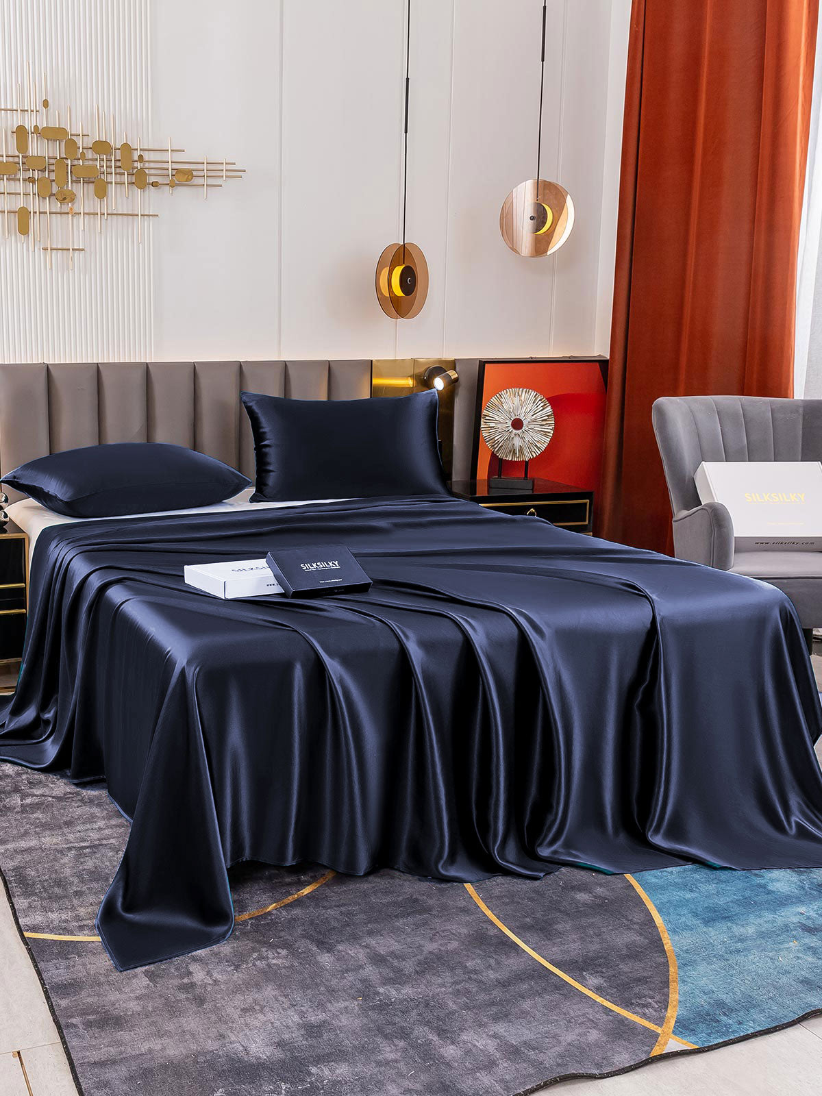 [Mørkeblå] SilkSilky-DK 19Momme Bedding Set 003