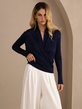 [Mørkeblå] SilkSilky-DK Long Sleeve Wrap Damebluser 004