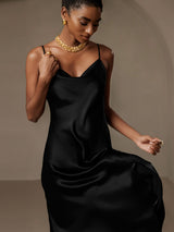 [Sort] SilkSilky-DK Spaghetti Rem Drapert halsutringning Kjole 006