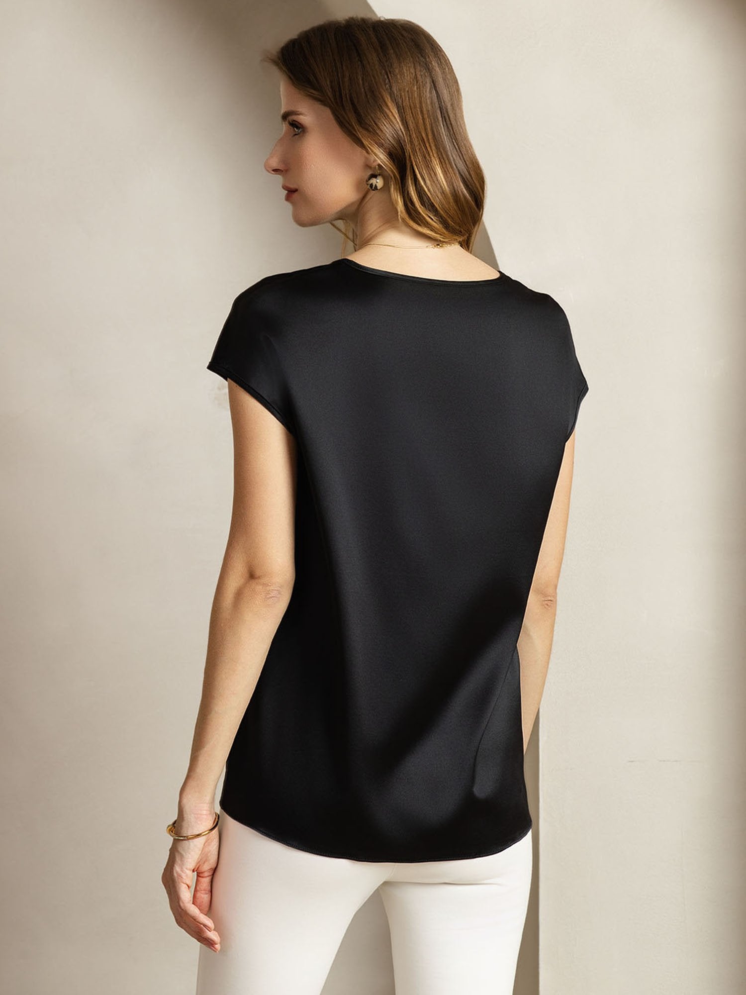 [Sort] SilkSilky-DK 19Momme Silke Halter Neck T-shirt til kvinder 002