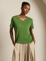 [Grøn] SilkSilky-DK Short Sleeve V Neck T-shirt til kvinder 001
