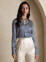 [Marine Stribe] SilkSilky-DK Long Sleeve Lapel Collar Dameskjorte 001