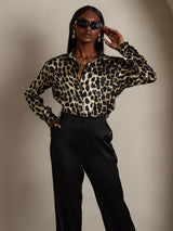 [Leopard] SilkSilky-DK Long Sleeve Lapel Collar Dameskjorte 005