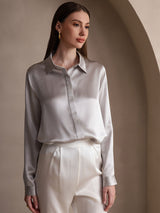 [Lysegrå] SilkSilky-DK Long Sleeve Lapel Collar Dameskjorte 003