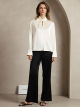 [Elfenben] SilkSilky-DK Long Sleeve Keyhole Neck Damebluser 010