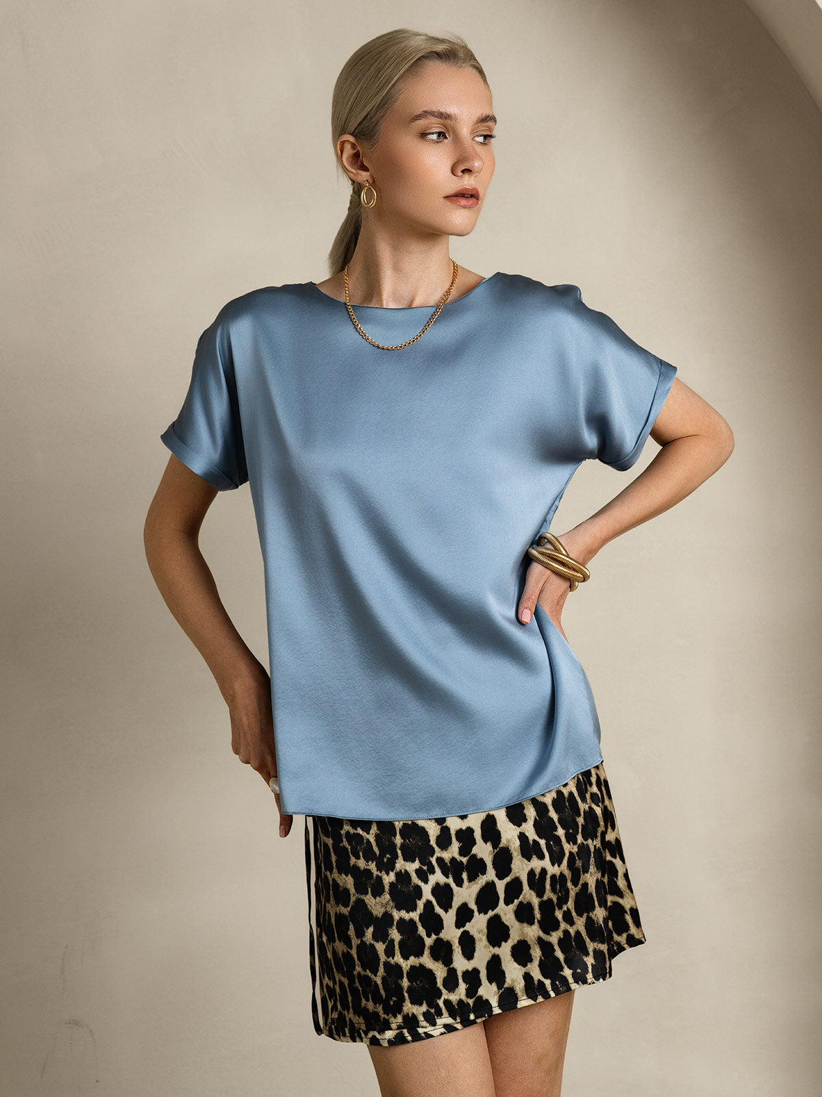 [Gråblå] SilkSilky-DK 19Momme Silke Womens T-Shirt 004