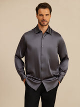 [Mørkegrå] SilkSilky-DK Long Sleeve Lapel Collar Herreskjorte 003