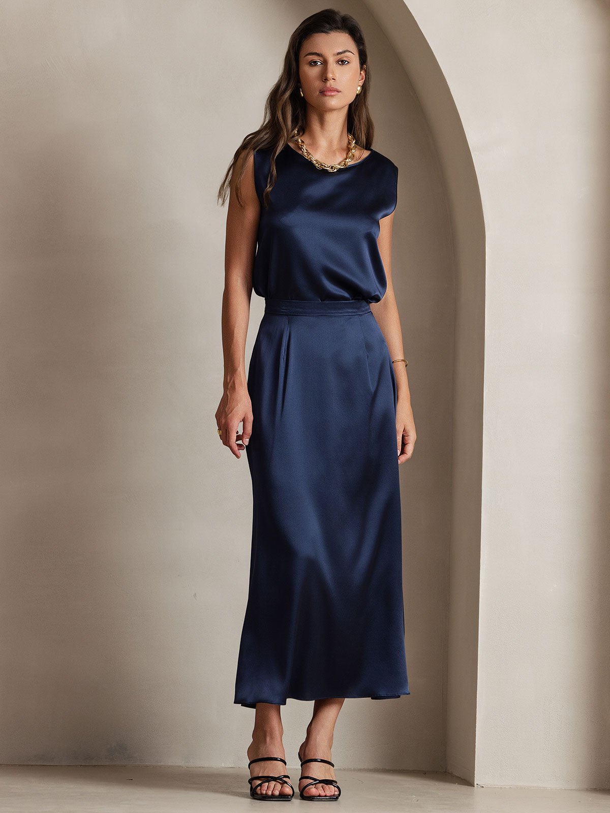 [Mørkeblå] SilkSilky-DK 19Momme Silke Skirt 006