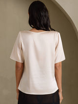 [Beige] SilkSilky-DK Short Sleeve Cowl Neck Damebluser 002
