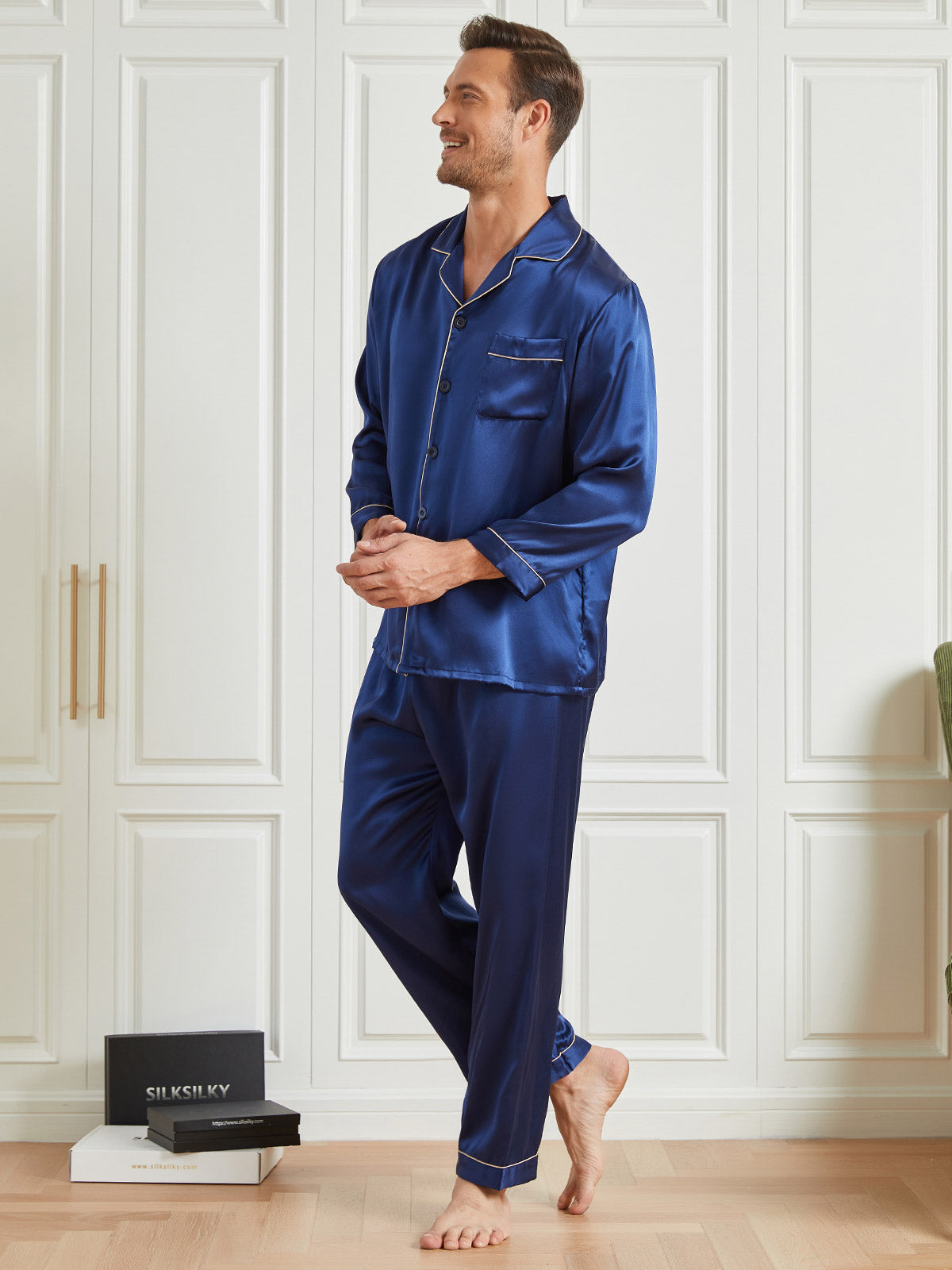 [Mørkeblå] SilkSilky-DK 19Momme Mens Pajamas 002