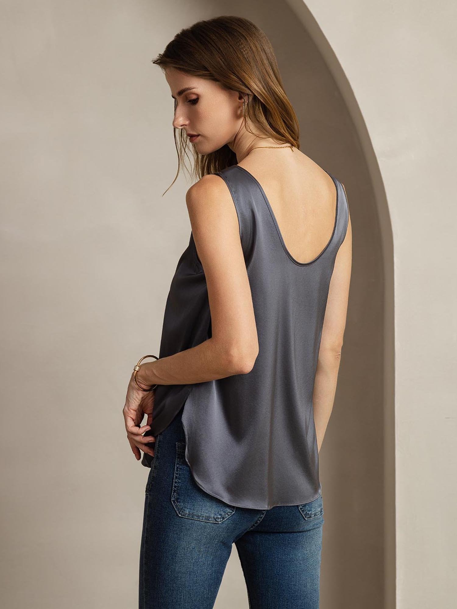 [Mørkegrå] SilkSilky-DK 19Momme Silke Split T-shirt til kvinder 003