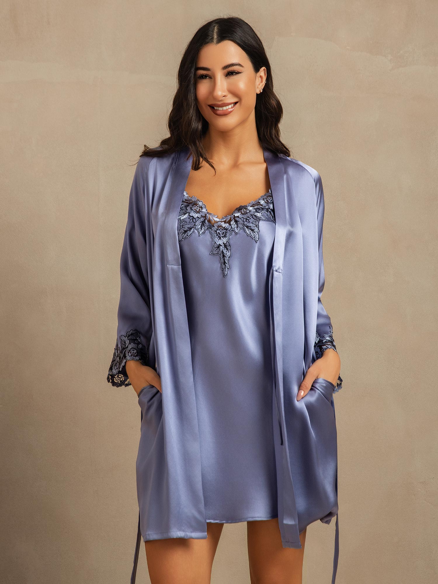 [Stål Blå] SilkSilky-DK Nightgown&Robe Set 008