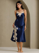 [Mørkeblå] SilkSilky-DK Sleeveless V Neck Natkjole 001