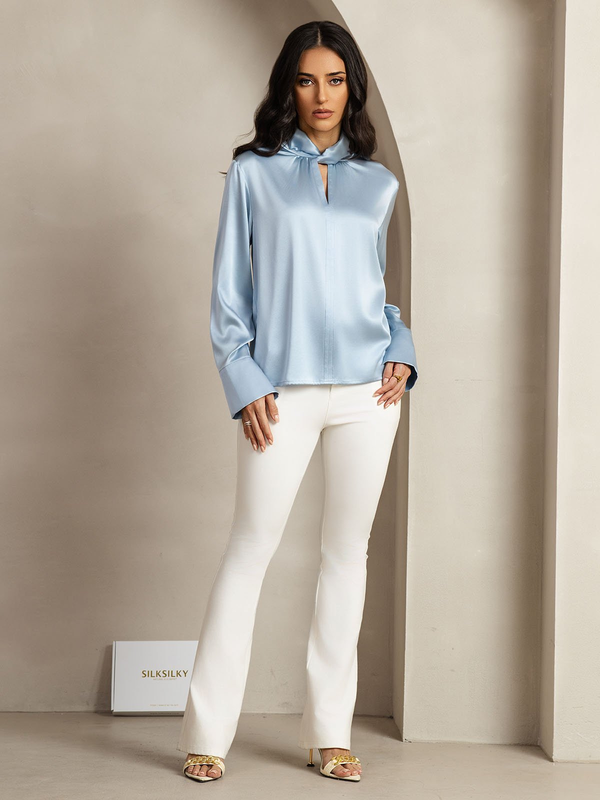 [Gråblå] SilkSilky-DK 19Momme Silke Womens Shirt 011