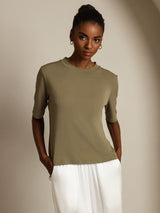 [Brændt Oliven] SilkSilky-DK Half Sleeve Crew Neck T-shirt til kvinder 003