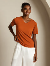 [Orange] SilkSilky-DK Short Sleeve V Neck T-shirt til kvinder 007