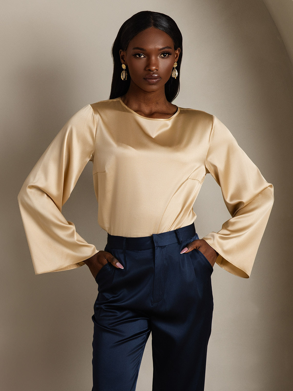 [Champagne] SilkSilky-DK 19Momme Silke Womens T-Shirt 002,