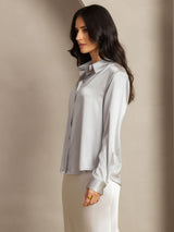 [Lysegrå] SilkSilky-DK Long Sleeve Lapel Collar Dameskjorte 003