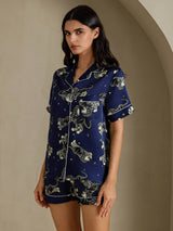 [Marineblå Løve] SilkSilky-DK Short Sleeve Notch Collar Dame Pyjamas 003